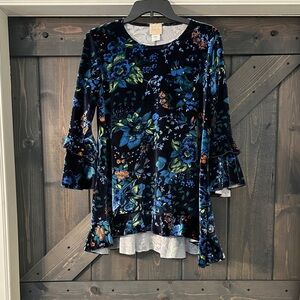 Velvet Floral Ruffle Sleeve Top - Blue/Green - Unknown Brand